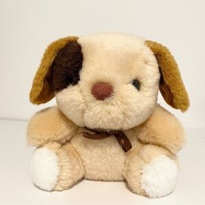 Vintage Puppy Dog Plush Tan Brown Eye Patch Ribbon Bow Velvet Nose Toy